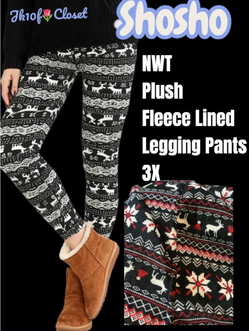 LOWEST🌺NWT SHOSHO 3X PLUSH FLEECE SNOWFLAKE & REINDEER LEGGING PANTS